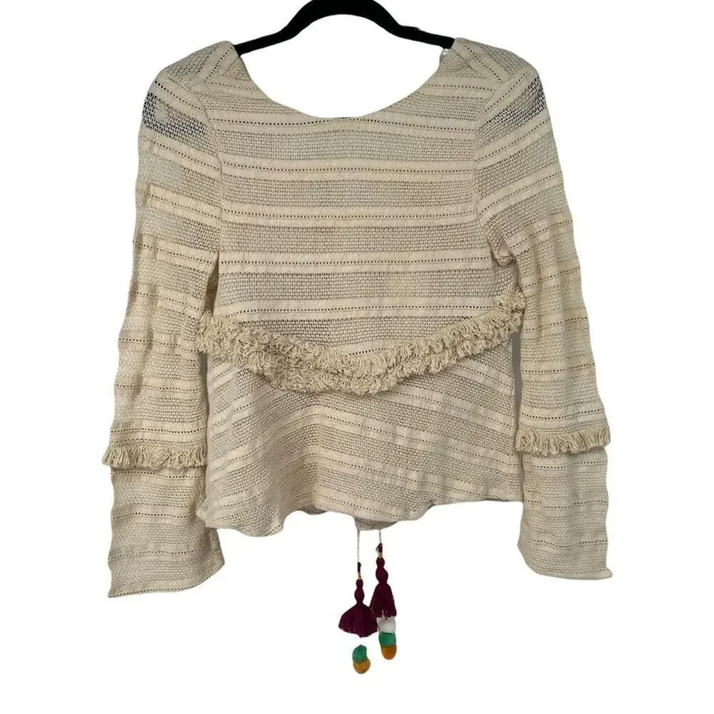 Zara Cream Crochet‎ Boho Fringed Tassel Tie V Neck Blouse